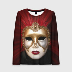 Женский лонгслив 3D с принтом Венецианская маска в Рязани, 100% полиэстер | длинные рукава, круглый вырез горловины, полуприлегающий силуэт | венеция | италия | карнавал | красный | лицо | перья