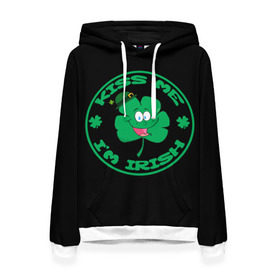 Женская толстовка 3D с принтом Ireland, Kiss me, I`m Irish в Рязани, 100% полиэстер  | двухслойный капюшон со шнурком для регулировки, мягкие манжеты на рукавах и по низу толстовки, спереди карман-кенгуру с мягким внутренним слоем. | animation | background | black | clover | four | green | hat | im irish | ireland | kiss me | leaf | petal | printing | smile | анимация | зелёный | ирландец | ирландия | клевер | лепесток | листок | меня | печать | поцелуй | улыбка | фон | черный | четыр
