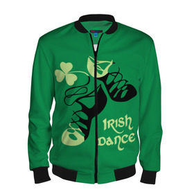 Мужской бомбер 3D с принтом Ireland, Irish dance в Рязани, 100% полиэстер | застегивается на молнию, по бокам два кармана без застежек, по низу бомбера и на воротнике - эластичная резинка | background | black | clover | dance | green | ireland | irish | petal | soft shoes | зеленый | ирландия | ирландский | клевер | лепесток | мягкая | обувь | танец | фон | черная