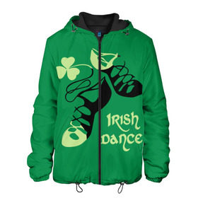 Мужская куртка 3D с принтом Ireland, Irish dance в Рязани, ткань верха — 100% полиэстер, подклад — флис | прямой крой, подол и капюшон оформлены резинкой с фиксаторами, два кармана без застежек по бокам, один большой потайной карман на груди. Карман на груди застегивается на липучку | background | black | clover | dance | green | ireland | irish | petal | soft shoes | зеленый | ирландия | ирландский | клевер | лепесток | мягкая | обувь | танец | фон | черная
