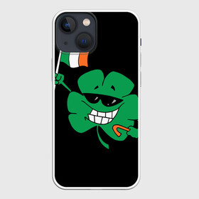 Чехол для iPhone 13 mini с принтом Ирландия, клевер с флагом в Рязани,  |  | animation | background | black | clover | flag | ireland | smile | stick | teeth | анимация | зубы | ирландия | клевер | очки | палка | улыбка | флаг | фон | черный