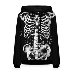 Женская толстовка 3D с принтом Floral Skeleton в Рязани, 100% полиэстер  | двухслойный капюшон со шнурком для регулировки, мягкие манжеты на рукавах и по низу толстовки, спереди карман-кенгуру с мягким внутренним слоем. | art | bone | dark | death | fashion | flower | hipster | skelet | skull | арт | грудь | кости | мода | ребра | скелет | стиль | темный | хипстер | цвет | череп