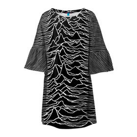 Детское платье 3D с принтом Joy Division. Unknown Pleasures в Рязани, 100% полиэстер | прямой силуэт, чуть расширенный к низу. Круглая горловина, на рукавах — воланы | Тематика изображения на принте: joy division | альбом | волны | горы | линии | обложка | панк | рок