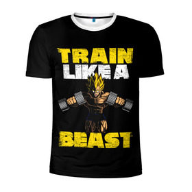 Мужская футболка 3D спортивная с принтом Train Like a Beast в Рязани, 100% полиэстер с улучшенными характеристиками | приталенный силуэт, круглая горловина, широкие плечи, сужается к линии бедра | dragon ball | strong | workout | воркаут | драгон бол