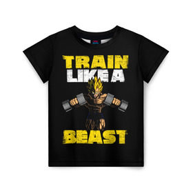 Детская футболка 3D с принтом Train Like a Beast в Рязани, 100% гипоаллергенный полиэфир | прямой крой, круглый вырез горловины, длина до линии бедер, чуть спущенное плечо, ткань немного тянется | dragon ball | strong | workout | воркаут | драгон бол