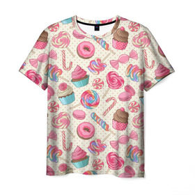 Мужская футболка 3D с принтом Радости и сладости в Рязани, 100% полиэфир | прямой крой, круглый вырез горловины, длина до линии бедер | глазурь | кексы | конфеты | леденцы | пончик | сладости
