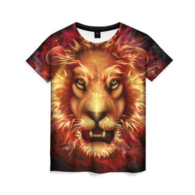 Женская футболка 3D с принтом Огненный лев в Рязани, 100% полиэфир ( синтетическое хлопкоподобное полотно) | прямой крой, круглый вырез горловины, длина до линии бедер | animal | fire | flame | head | lion | look | predator | взгляд | голова | животное | лев | огненный | огонь | пламя | хищник