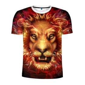 Мужская футболка 3D спортивная с принтом Огненный лев в Рязани, 100% полиэстер с улучшенными характеристиками | приталенный силуэт, круглая горловина, широкие плечи, сужается к линии бедра | animal | fire | flame | head | lion | look | predator | взгляд | голова | животное | лев | огненный | огонь | пламя | хищник