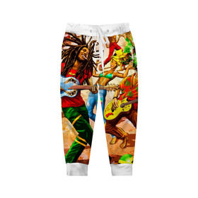 Детские брюки 3D с принтом Ямайка, Боб Марли в Рязани, 100% полиэстер | манжеты по низу, эластичный пояс регулируется шнурком, по бокам два кармана без застежек, внутренняя часть кармана из мелкой сетки | reggae bob marley | праздник | регги | танцы