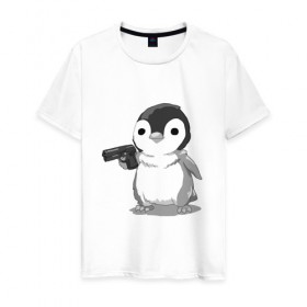 Мужская футболка хлопок с принтом пингвин в Рязани, 100% хлопок | прямой крой, круглый вырез горловины, длина до линии бедер, слегка спущенное плечо. | Тематика изображения на принте: gun | penguin | shotgun | tmblr | tumbler | пингвин | пистолет