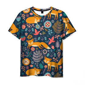 Мужская футболка 3D с принтом Лисички паттерн в Рязани, 100% полиэфир | прямой крой, круглый вырез горловины, длина до линии бедер | fox | животные | лиса | лисичка | лисы | осень | рыжая | фыр фыр | цветы