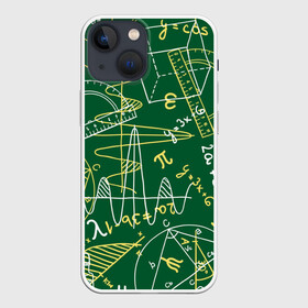 Чехол для iPhone 13 mini с принтом Геометрия в Рязани,  |  | background | board | charts | cube | geometry theorems | green | numbers | protractor | school | symbols | геометрия | доска | зеленый | знаки | куб | схемы | теоремы | транспортир | фон | циркуль | цифры | школьная