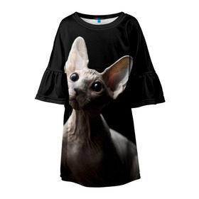 Детское платье 3D с принтом Сфинкс в Рязани, 100% полиэстер | прямой силуэт, чуть расширенный к низу. Круглая горловина, на рукавах — воланы | Тематика изображения на принте: black | cat | взгляд | кот | котик | котэ | кошка | сфинкс | уши | черный