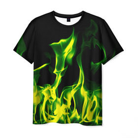 Мужская футболка 3D с принтом Зелёный огонь в Рязани, 100% полиэфир | прямой крой, круглый вырез горловины, длина до линии бедер | Тематика изображения на принте: пламя | черный | яркий