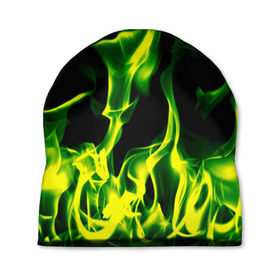 Шапка 3D с принтом Зелёный огонь в Рязани, 100% полиэстер | универсальный размер, печать по всей поверхности изделия | пламя | черный | яркий