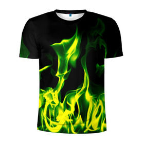 Мужская футболка 3D спортивная с принтом Зелёный огонь в Рязани, 100% полиэстер с улучшенными характеристиками | приталенный силуэт, круглая горловина, широкие плечи, сужается к линии бедра | Тематика изображения на принте: пламя | черный | яркий