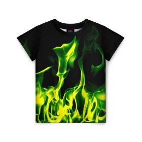 Детская футболка 3D с принтом Зелёный огонь в Рязани, 100% гипоаллергенный полиэфир | прямой крой, круглый вырез горловины, длина до линии бедер, чуть спущенное плечо, ткань немного тянется | пламя | черный | яркий