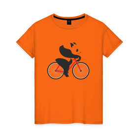 Женская футболка хлопок с принтом Панда на велосипеде в Рязани, 100% хлопок | прямой крой, круглый вырез горловины, длина до линии бедер, слегка спущенное плечо | велик | велосипед | медведь | мишка | панда