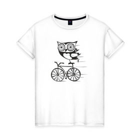 Женская футболка хлопок с принтом Сова на велосипеде в Рязани, 100% хлопок | прямой крой, круглый вырез горловины, длина до линии бедер, слегка спущенное плечо | bird | owl | няша | птица | сова | совунья | совушка | сыч