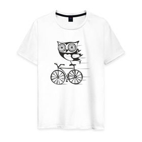 Мужская футболка хлопок с принтом Сова на велосипеде в Рязани, 100% хлопок | прямой крой, круглый вырез горловины, длина до линии бедер, слегка спущенное плечо. | Тематика изображения на принте: bird | owl | няша | птица | сова | совунья | совушка | сыч