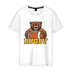 Мужская футболка хлопок с принтом Rugby. Bear. в Рязани, 100% хлопок | прямой крой, круглый вырез горловины, длина до линии бедер, слегка спущенное плечо. | america | brokenfinger | dotrugby | league | nails | rugby | rugbyunion | usa | womensrugby | медведь | мяч | регби | россия