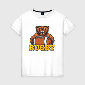 Женская футболка хлопок с принтом Rugby. Bear. в Рязани, 100% хлопок | прямой крой, круглый вырез горловины, длина до линии бедер, слегка спущенное плечо | america | brokenfinger | dotrugby | league | nails | rugby | rugbyunion | usa | womensrugby | медведь | мяч | регби | россия