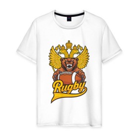 Мужская футболка хлопок с принтом Rugby. Russia. Bear. в Рязани, 100% хлопок | прямой крой, круглый вырез горловины, длина до линии бедер, слегка спущенное плечо. | Тематика изображения на принте: america | brokenfinger | dotrugby | league | nails | rugby | rugbyunion | usa | womensrugby | медведь | мяч | регби | россия