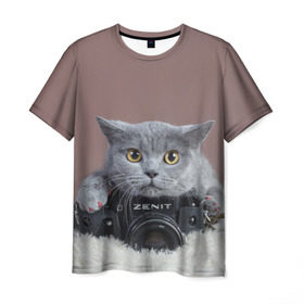 Мужская футболка 3D с принтом Котик фотограф в Рязани, 100% полиэфир | прямой крой, круглый вырез горловины, длина до линии бедер | кот | котик | кошка | объектив | фотоаппарат | фотограф