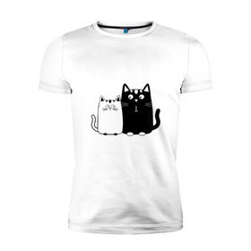Мужская футболка премиум с принтом Влюбленные коты в Рязани, 92% хлопок, 8% лайкра | приталенный силуэт, круглый вырез ворота, длина до линии бедра, короткий рукав | 14 февраля | влюбленным | девушке | кот | коты | котята. | кошка | любовь | мужчине | парню | подарок