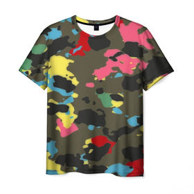 Мужская футболка 3D с принтом Цветной камуфляж в Рязани, 100% полиэфир | прямой крой, круглый вырез горловины, длина до линии бедер | Тематика изображения на принте: маскировка | пестрый | разноцветный | яркий