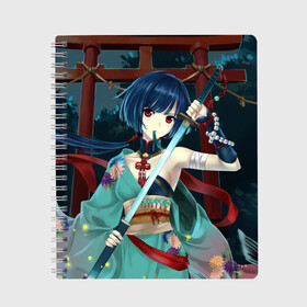 Тетрадь с принтом Девушка с оружием в Рязани, 100% бумага | 48 листов, плотность листов — 60 г/м2, плотность картонной обложки — 250 г/м2. Листы скреплены сбоку удобной пружинной спиралью. Уголки страниц и обложки скругленные. Цвет линий — светло-серый
 | anime | beautiful | fantasy | girl | japanese | katana | kimono | look | pagoda | sword | warrior | weapon | аниме | взгляд | воин | девушка | катана | кимоно | красивая | меч | оружие | пагода | фантазия | японская