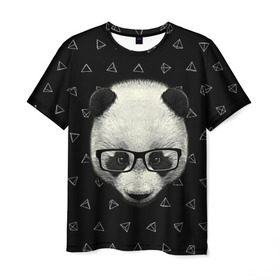 Мужская футболка 3D с принтом Умная панда в Рязани, 100% полиэфир | прямой крой, круглый вырез горловины, длина до линии бедер | animal | bear | beast | hipster | panda | smart | животное | зверь | медведь | очки | панда | свэг | умный | хипстер