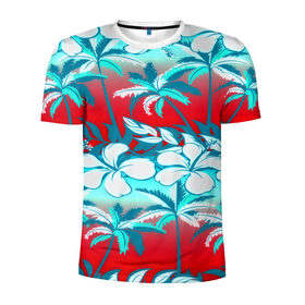 Мужская футболка 3D спортивная с принтом Tropical Fashion в Рязани, 100% полиэстер с улучшенными характеристиками | приталенный силуэт, круглая горловина, широкие плечи, сужается к линии бедра | Тематика изображения на принте: flower | пальмы | паттерн | цветы