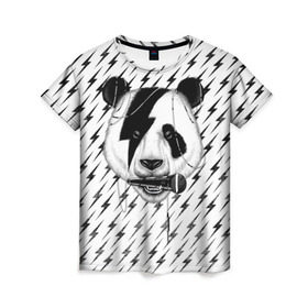 Женская футболка 3D с принтом Панда вокалист в Рязани, 100% полиэфир ( синтетическое хлопкоподобное полотно) | прямой крой, круглый вырез горловины, длина до линии бедер | animal | bear | beast | metal | music | nature | panda | rock | sound | vocal | вокал | животное | зверь | звук | медведь | меломан | метал | мишка | музыка | панда | природа | рок