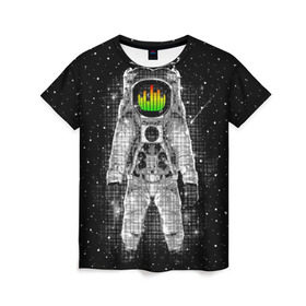 Женская футболка 3D с принтом Музыкальный космонавт в Рязани, 100% полиэфир ( синтетическое хлопкоподобное полотно) | прямой крой, круглый вырез горловины, длина до линии бедер | astronaut | cosmonaut | dj | eqializer | galaxy | moon | music | planet | space | star | universe | астронавт | вселенная | галактика | диджей | космонавт | космос | музыка | эквалайзер