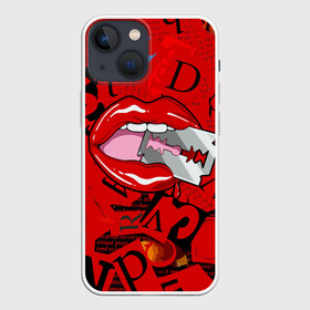 Чехол для iPhone 13 mini с принтом Поп арт, опасная бритва в Рязани,  |  | blade | blood | dangerous | drop | letters | lips | pop   art | razor | бритва | буквы | губы | капля | кровь | лезвие | опасная | поп арт