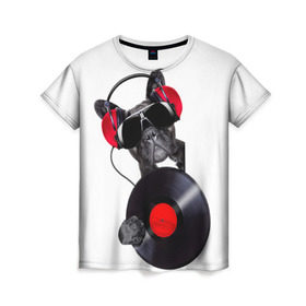 Женская футболка 3D с принтом DJ бульдог в Рязани, 100% полиэфир ( синтетическое хлопкоподобное полотно) | прямой крой, круглый вырез горловины, длина до линии бедер | бульдог | винил | диджей | музыка | наушники | очки | пёс | пластинка | собака | юмор