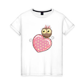 Женская футболка хлопок с принтом Совушка на сердце в Рязани, 100% хлопок | прямой крой, круглый вырез горловины, длина до линии бедер, слегка спущенное плечо | птицы