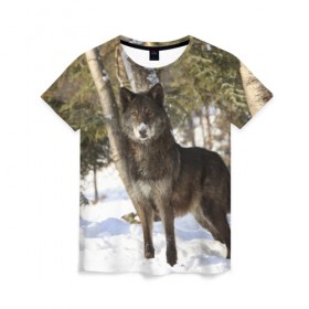 Женская футболка 3D с принтом Король леса в Рязани, 100% полиэфир ( синтетическое хлопкоподобное полотно) | прямой крой, круглый вырез горловины, длина до линии бедер | волки | животные | зима | зимние | картинки | снег | фото