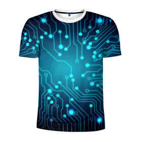 Мужская футболка 3D спортивная с принтом SkyNet в Рязани, 100% полиэстер с улучшенными характеристиками | приталенный силуэт, круглая горловина, широкие плечи, сужается к линии бедра | Тематика изображения на принте: бирюзовый | кибер | микросхема | яркий