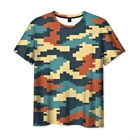 Мужская футболка 3D с принтом Цветной камуфляж в Рязани, 100% полиэфир | прямой крой, круглый вырез горловины, длина до линии бедер | Тематика изображения на принте: пиксельный