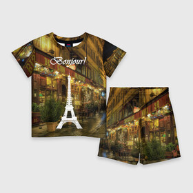 Детский костюм с шортами 3D с принтом Bonjour в Рязани,  |  | bonjour | cafes | eiffel tower | lights | night | paris street | shop windows | shops | the city | витрины | город | кафе | магазины | ночь | огни | париж | привет | улица | эйфелева башня