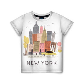 Детская футболка 3D с принтом Нью-Йорк в Рязани, 100% гипоаллергенный полиэфир | прямой крой, круглый вырез горловины, длина до линии бедер, чуть спущенное плечо, ткань немного тянется | Тематика изображения на принте: new york | воздушные шары | город | деревья | рисунок | такси