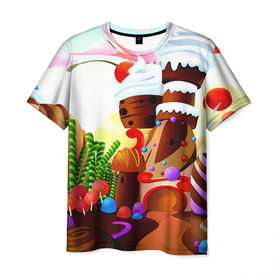 Мужская футболка 3D с принтом Candy Town в Рязани, 100% полиэфир | прямой крой, круглый вырез горловины, длина до линии бедер | конфеты | пирожные | сладости | яркий