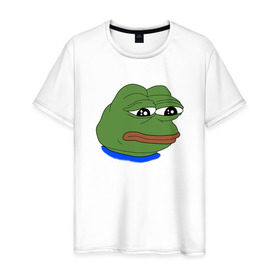 Мужская футболка хлопок с принтом SAD FROG в Рязани, 100% хлопок | прямой крой, круглый вырез горловины, длина до линии бедер, слегка спущенное плечо. | Тематика изображения на принте: meme | pepe frog | pepe the frog | sad frog | грустная лягушка | мем