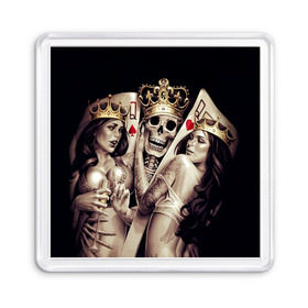 Магнит 55*55 с принтом Скелетоны в Рязани, Пластик | Размер: 65*65 мм; Размер печати: 55*55 мм | Тематика изображения на принте: background | black | cards | color | crown | death | game | girl | hearts | king | queen | skeleton | skull | spades | tattoo | девушки | игра | карты | королевы | король | короны | масть | пики | скелет | тату | фон | черви 