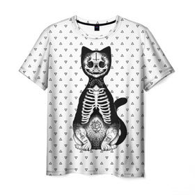 Мужская футболка 3D с принтом Готический кот в Рязани, 100% полиэфир | прямой крой, круглый вырез горловины, длина до линии бедер | Тематика изображения на принте: bone | cat | death | feline | gothic | hipster | kitty | meow | skelet | skull | tatoo | готика | кости | кот | котенок | котик | кошка | мяу | скелет | тату | хипстер | череп