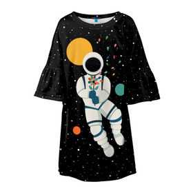 Детское платье 3D с принтом Космический романтик в Рязани, 100% полиэстер | прямой силуэт, чуть расширенный к низу. Круглая горловина, на рукавах — воланы | astronaut | cosmonaut | cosmos | galaxy | moon | planet | space | star | астронавт | галактика | звезды | космонавт | космос | луна | планета | скафандр