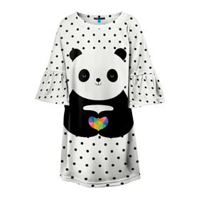 Детское платье 3D с принтом Любовь панды в Рязани, 100% полиэстер | прямой силуэт, чуть расширенный к низу. Круглая горловина, на рукавах — воланы | Тематика изображения на принте: animal | bear | beast | forest | heart | love | nature | panda | животное | зверь | лес | любовь | медведь | панда | природа | сердце | страсть