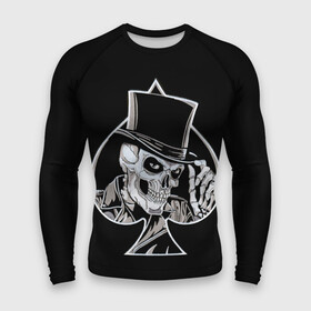 Мужской рашгард 3D с принтом Скелетон в Рязани,  |  | background | black | card | cylinder | death | game | hat | skeleton | skull | spades | suit | игра | карты | масть | пики | скелет | фон | цилиндр | череп | черный | шляпа